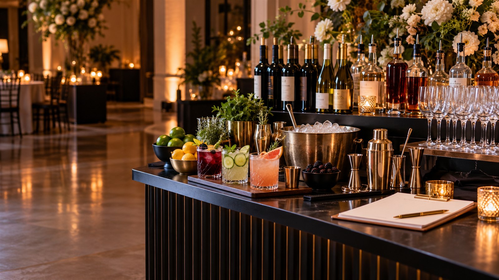 Elegant mobile bar prepared with cocktails, glassware, citrus and event planning supplies