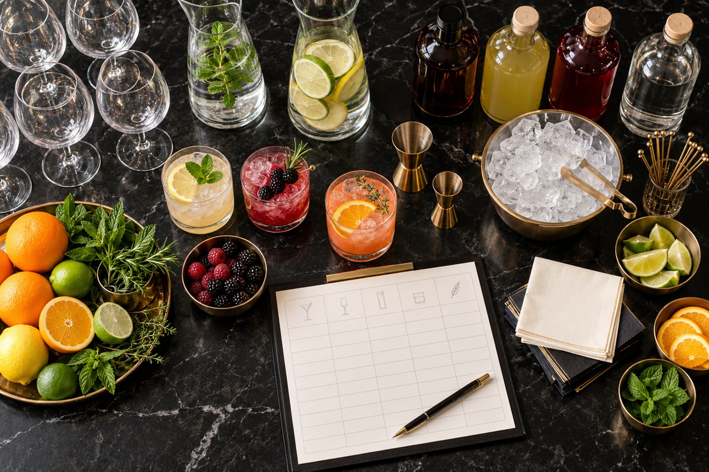 Party drink planning checklist with glassware, measured bar tools, citrus, herbs, ice and zero-proof options